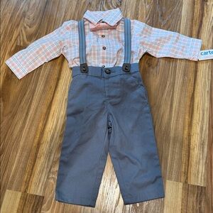 Carter's Pink Plaid Shirt with Gray Suspender Pants